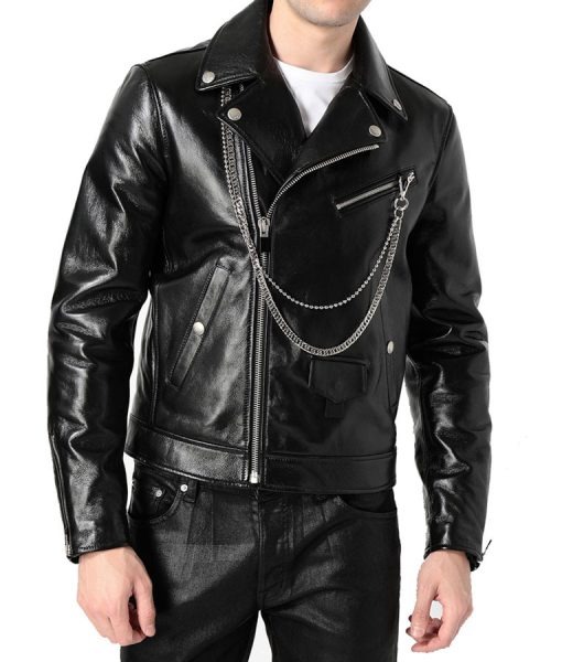 Men’s Biker Chains Asymmetrical Black Leather Jacket