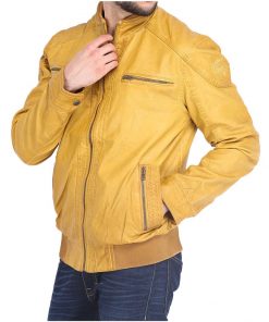 Quilted Yellow Leather Shoulder Jacket For Men