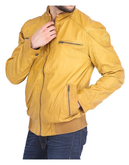 Quilted Yellow Leather Shoulder Jacket For Men