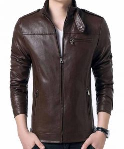 Men’s Snap Tab Collar Slim Fit Brown Faux Leather Jacket