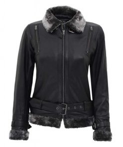 Black Leather Shearling Jacket for Womens