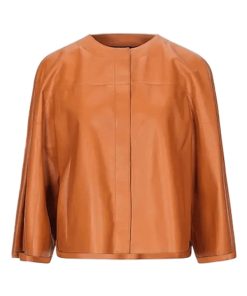 Tan Collarless Leather Biker Style Jacket for Women