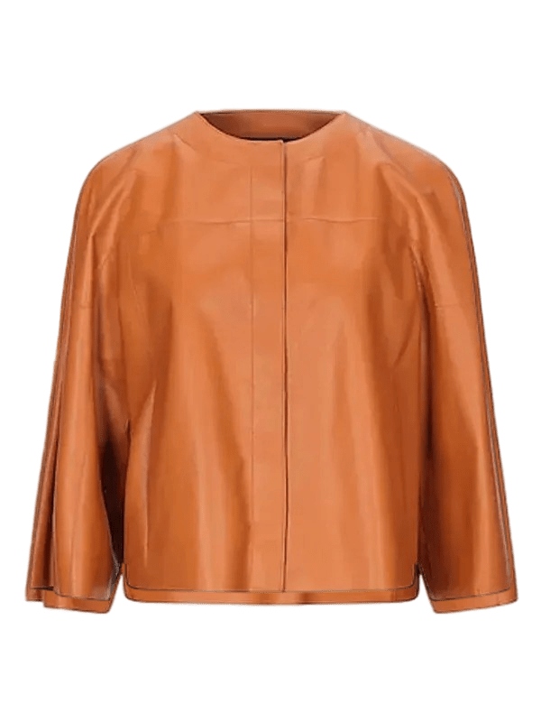 Tan Collarless Leather Biker Style Jacket for Women