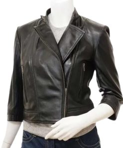 Women Black Cropped Leather Jacket