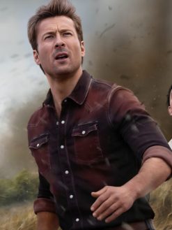 Shop Glen Powell Twisters 2024 Tyler Owens Denim Shirt