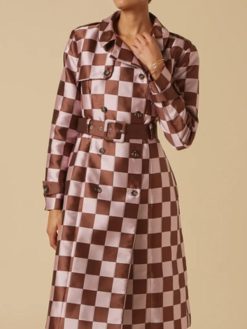 Emily In Paris S4 Lily Collins Pink Brown Checkered Coat