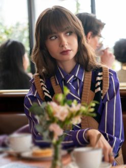 TV Series Emily In Paris S04 Emily Cooper Brown Argyle Striped Vest