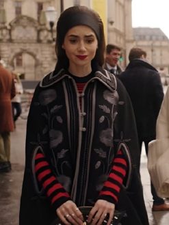 Emily Cooper Emily in Paris S04 Lily Collins Black Embroidered Floral Cape Coat