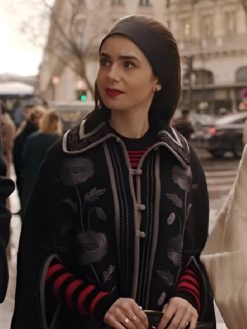 Emily in Paris S4 Lily Collins Black Floral Cape Coat