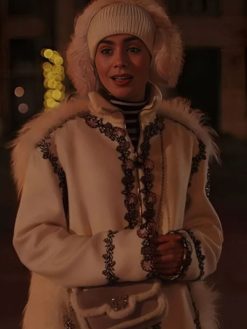 Shop Emily In Paris Season 04 Lily Collins White Embroidered Fur Coat