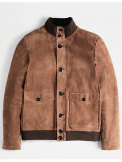 Shop Marcello Muratori Emily In Paris S04 Eugenio Franceschini Brown Suede Bomber Jacket