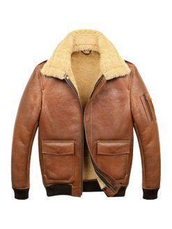 Mens Aviator Camel Brown A2 Fur Shearling Jacket