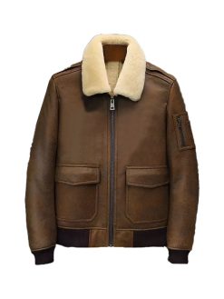 Men’s Aviator Brown Leather Bomber Jacket front view with shearling lining