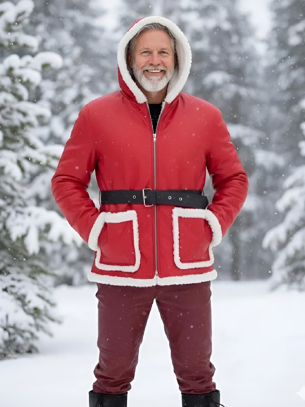 Men’s Festive Red Snow Top Fur Jacket Men’s Christmas Cosplay Santa Claus Festive Snow Top Fur Bomber Jacket