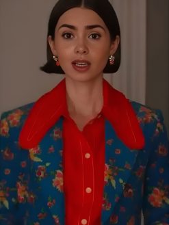 Emily Cooper TV Series Emily In Paris Season 05 Lily Collins Ruffle-Trimmed Cotton Poplin Red Shirt