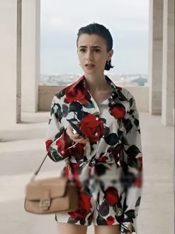 Lily Collins Rose Printed White Top