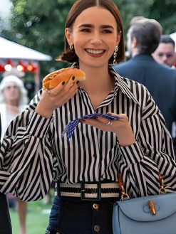 Lily Collins Striped black and White Puff Sleeve Shirt