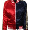 Harley Quinn Suicide Squad Red and Black Satin Bomber Jacket For Halloween
