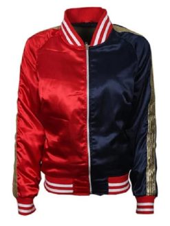 Harley Quinn Suicide Squad Red and Black Satin Bomber Jacket For Halloween