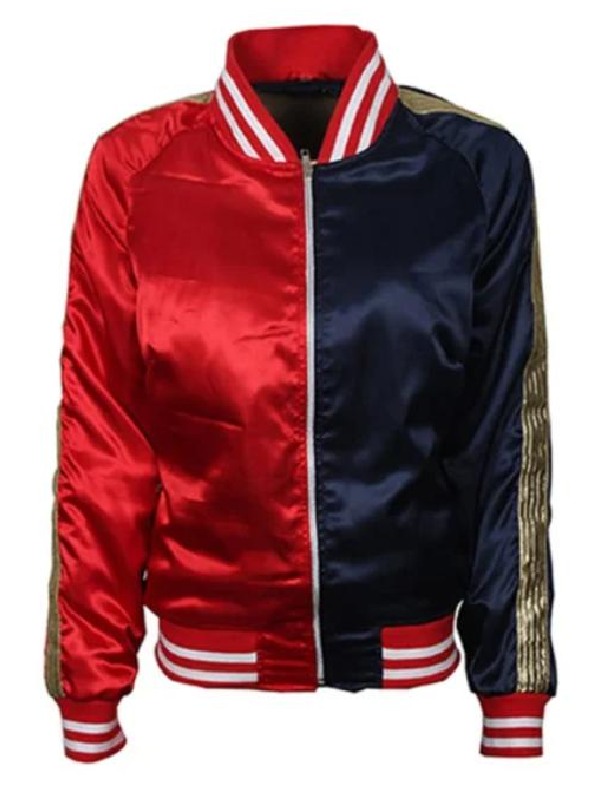 Halloween 2026 Harley Quinn Red-Black Jacket Harley Quinn Suicide Squad Red and Black Satin Bomber Jacket For Halloween