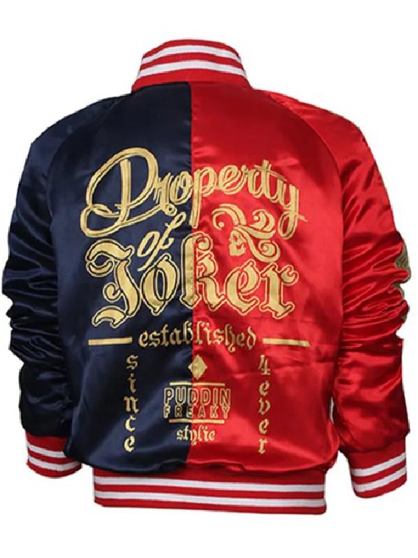 Harley Quinn Suicide Squad Red and Black Satin Bomber Jacket For Halloween Buy-Halloween 2026 Harley Quinn Red-Black Jacket